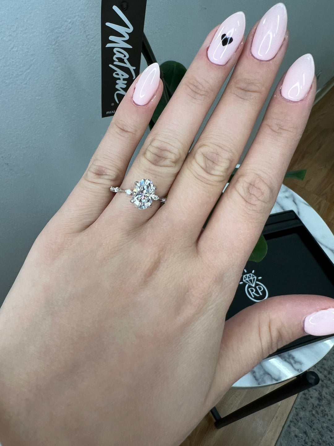 Oval Cut Engagement Ring Thin Band with Round Stones