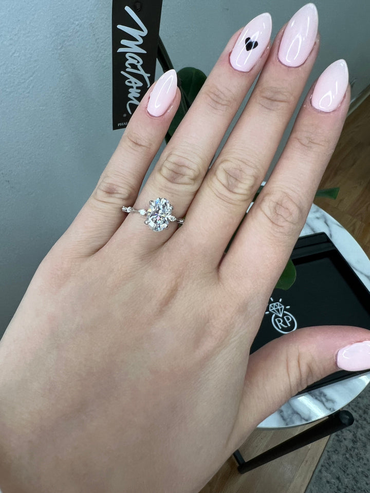 Oval Cut Engagement Ring Thin Band with Round Stones