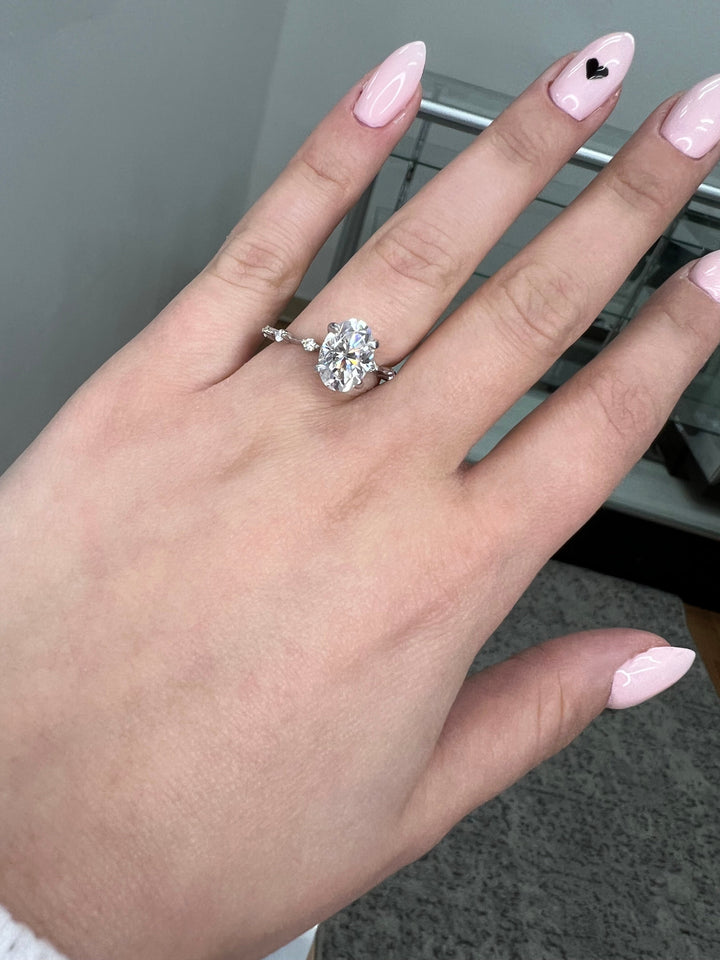 Oval Cut Engagement Ring Thin Band with Round Stones