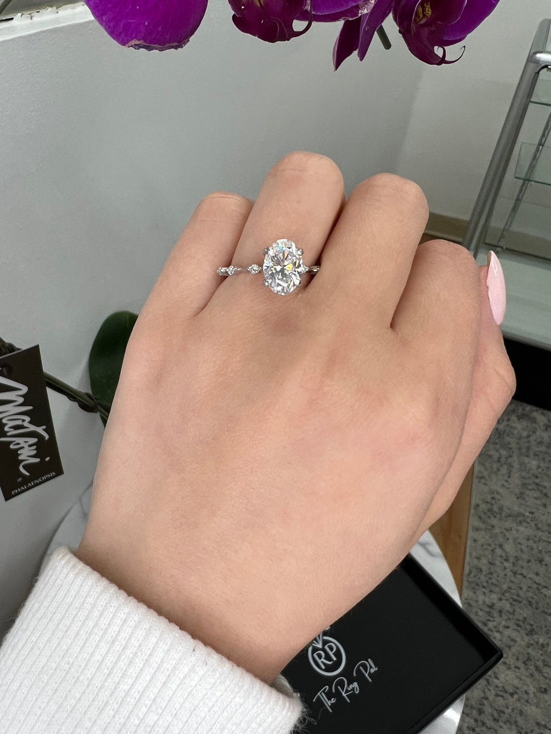 Oval Cut Engagement Ring Thin Band with Round Stones