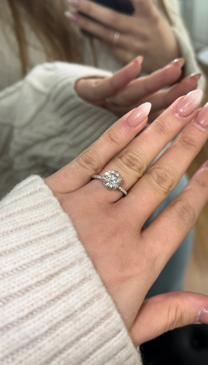 Pave Center Prong Round Cut Engagement Ring