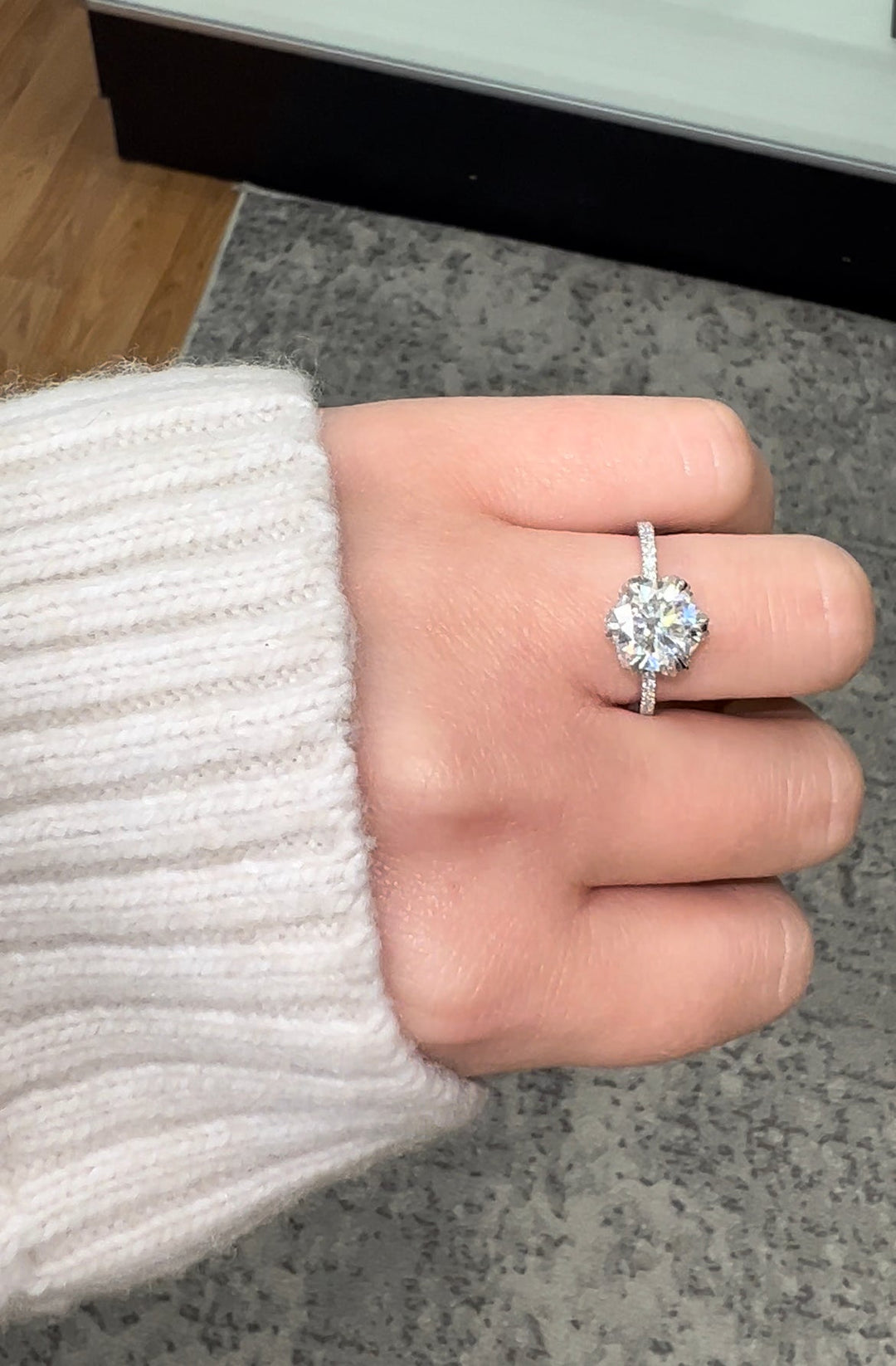 Pave Center Prong Round Cut Engagement Ring