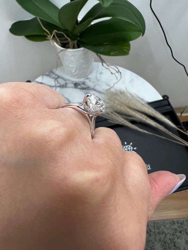 Cushion Cut Solitaire Engagement Ring with Hidden Halo