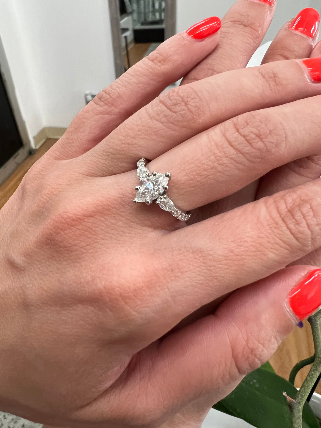 Marquise Cut Engagement Ring With Oval &amp; Pavé Sidestones