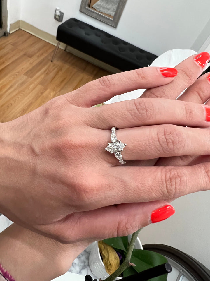 Marquise Cut Engagement Ring With Oval &amp; Pavé Sidestones