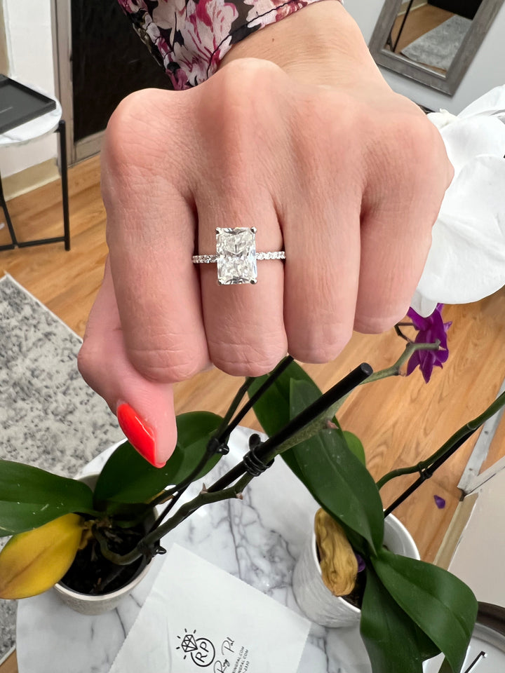 Thin Pave Emerald Cut Engagement Ring
