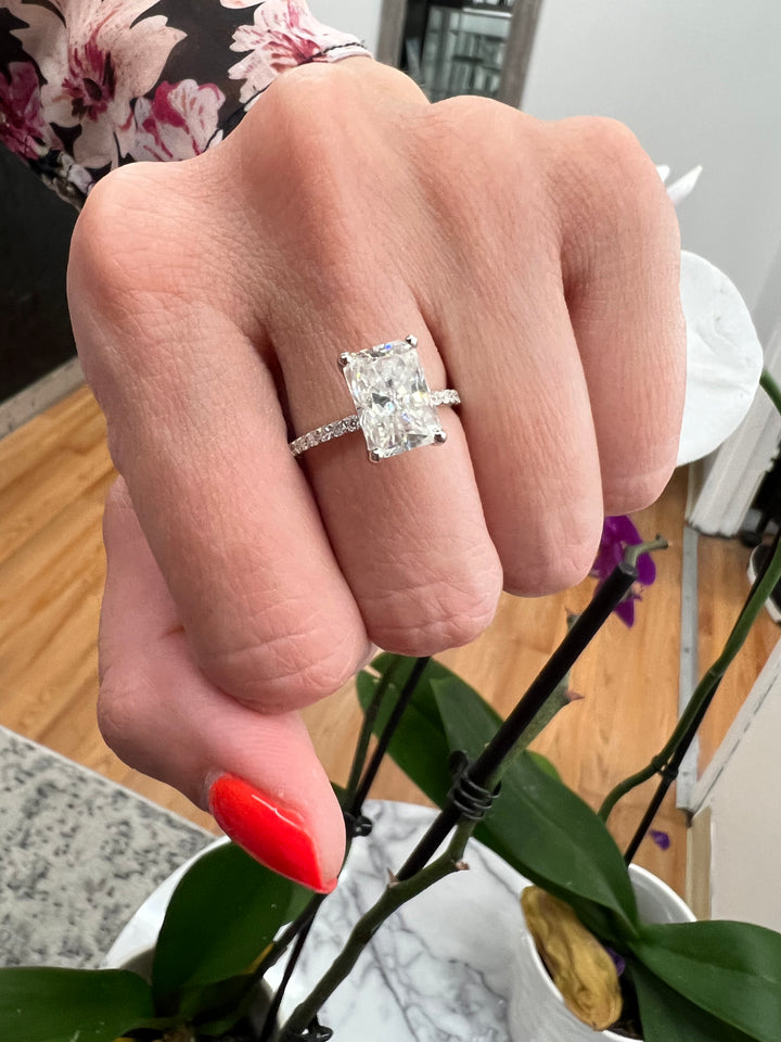 Radiant Cut Hidden Halo Engagement Ring with Pavé Band