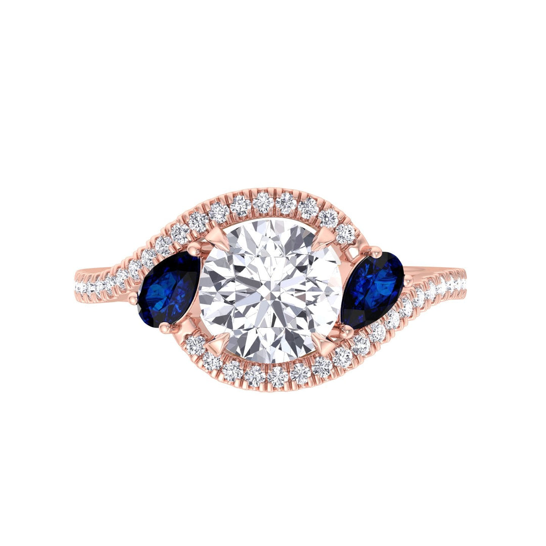 Round Cut Engagement Ring with Halo &amp; Blue Sapphire Pear Shape Sidestones