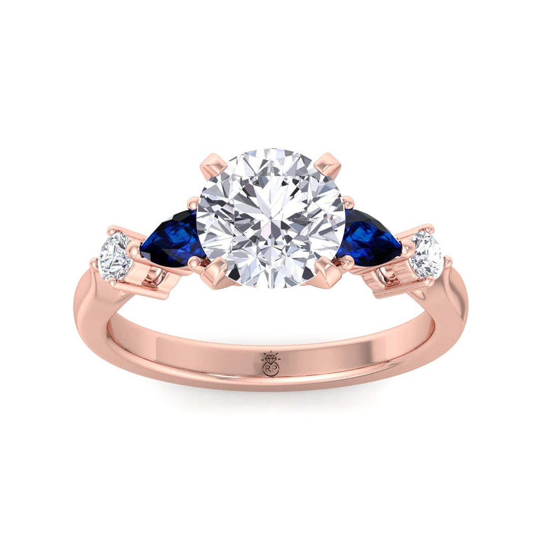 Round Cut Engagement Ring with Blue Sapphire Pear Shape Sidestones