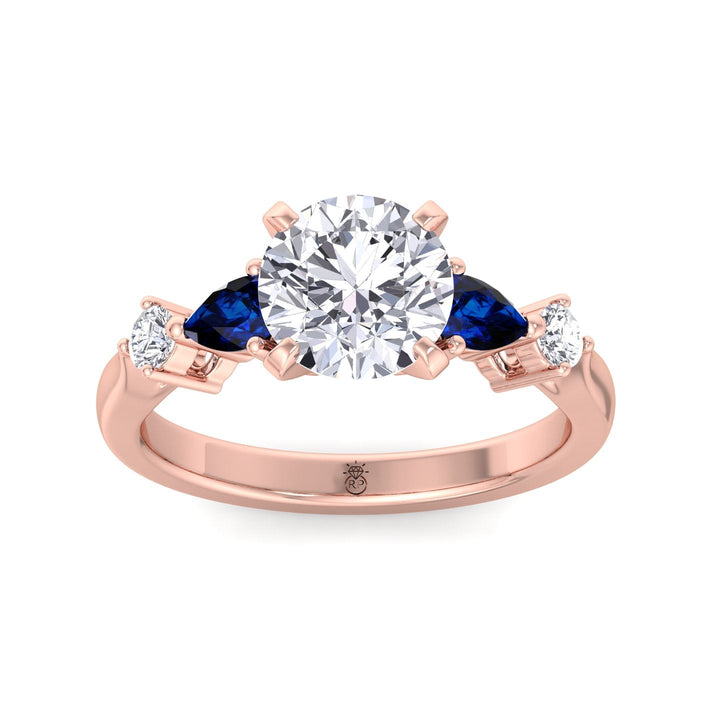 Round Cut Engagement Ring with Blue Sapphire Pear Shape Sidestones