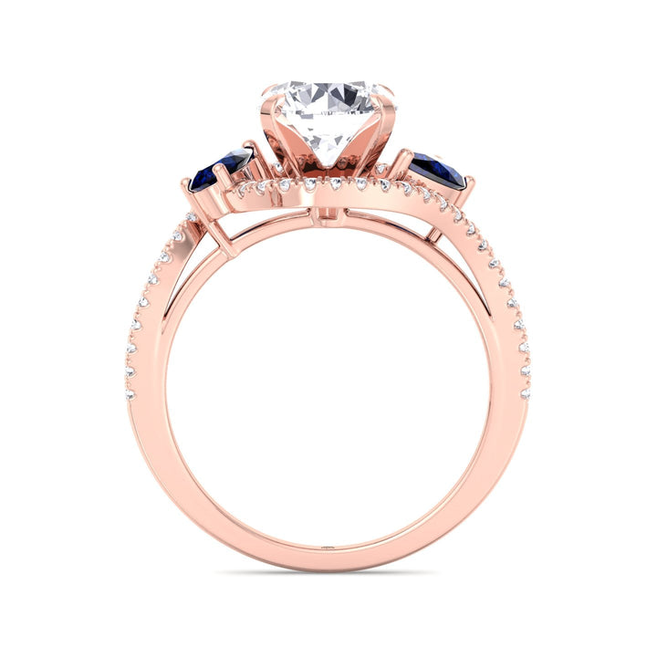 Round Cut Engagement Ring with Halo &amp; Blue Sapphire Pear Shape Sidestones