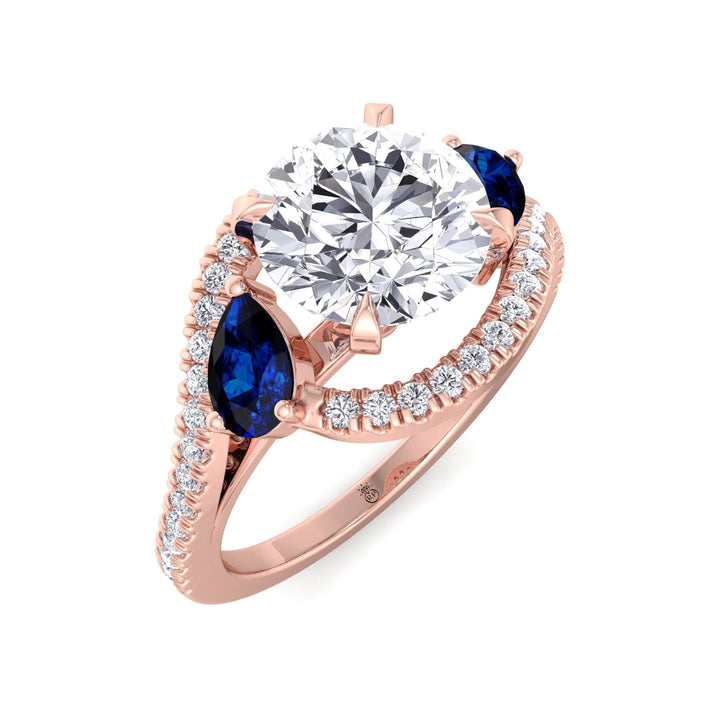 Round Cut Engagement Ring with Halo &amp; Blue Sapphire Pear Shape Sidestones