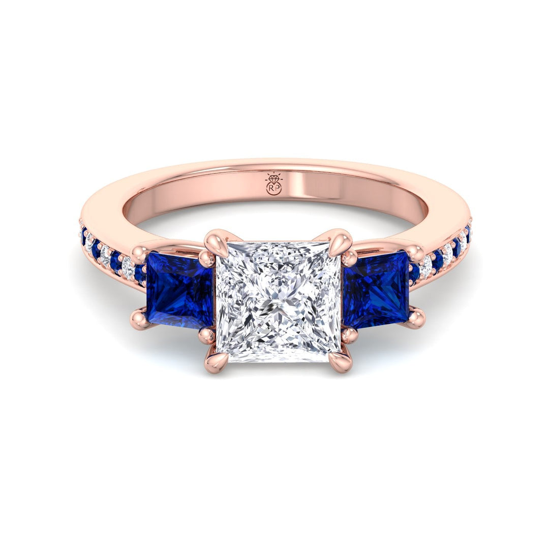 Princess Cut Engagement Ring with Blue Sapphire Sidestones