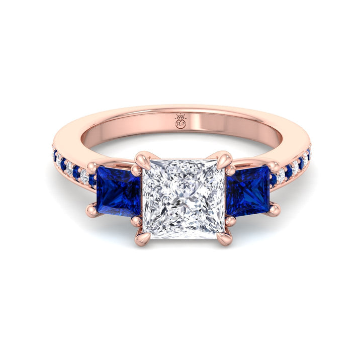 Princess Cut Engagement Ring with Blue Sapphire Sidestones