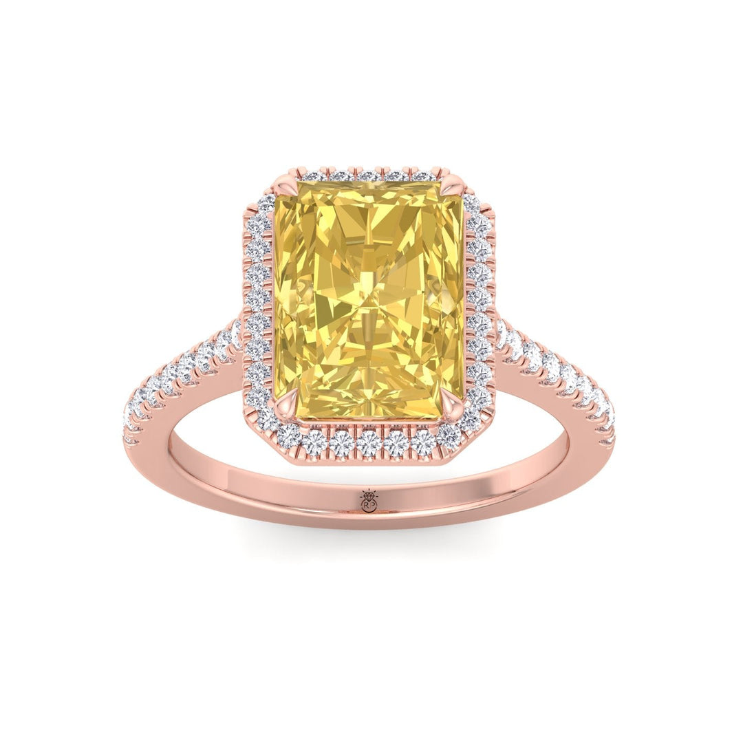 Radiant Cut Canary Yellow Engagement Ring With Pave Band and Halo