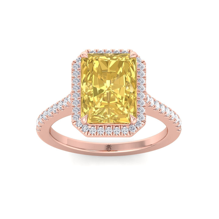 Radiant Cut Canary Yellow Engagement Ring With Pave Band and Halo