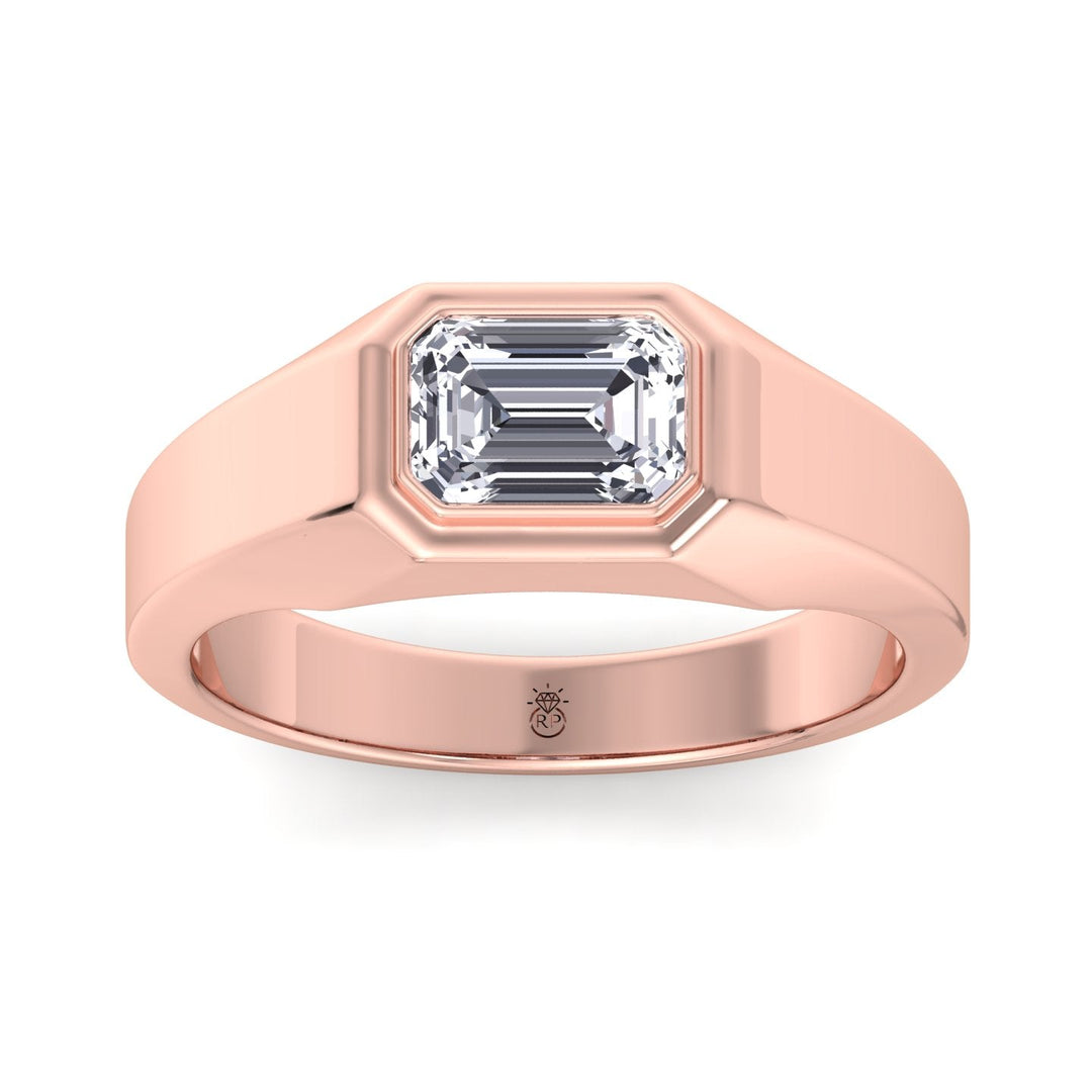 Bezel Set Unisex East To West Emerald Cut Engagement Ring