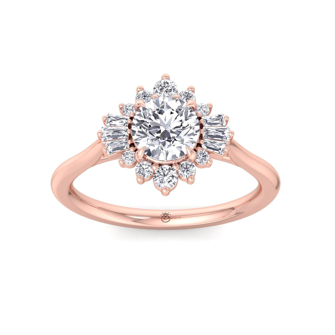 Round Cut Engagement Ring with Round and Tapered Baguette Cluster