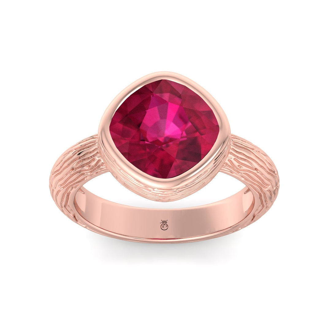 Cushion Cut Ruby Solitaire Hand Engraved Engagement Ring