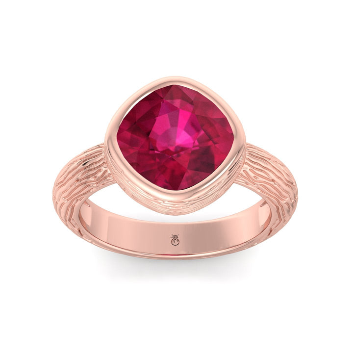 Cushion Cut Ruby Solitaire Hand Engraved Engagement Ring
