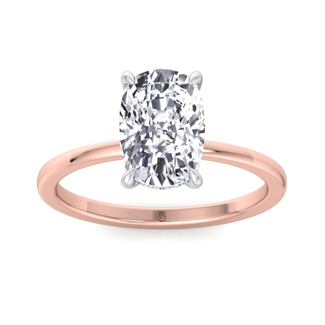 Two Tone Elongated Cushion Cut Engagement Ring with Thin Band and Hidden Halo