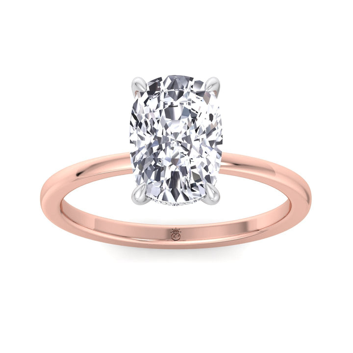 Two Tone Elongated Cushion Cut Engagement Ring with Thin Band and Hidden Halo