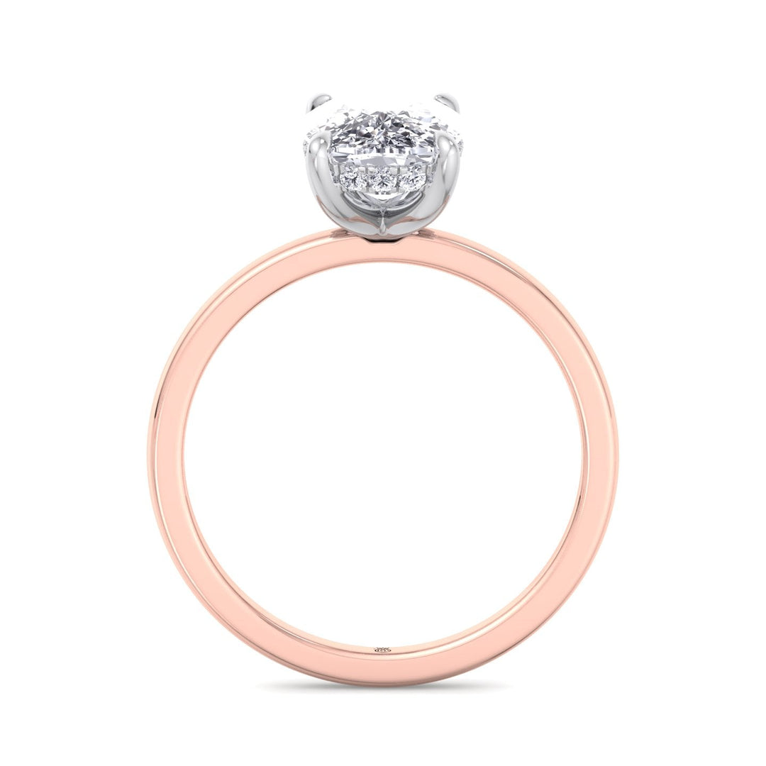 Two Tone Elongated Cushion Cut Engagement Ring with Thin Band and Hidden Halo