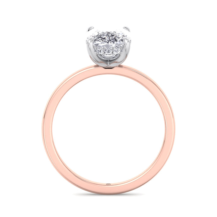 Two Tone Elongated Cushion Cut Engagement Ring with Thin Band and Hidden Halo