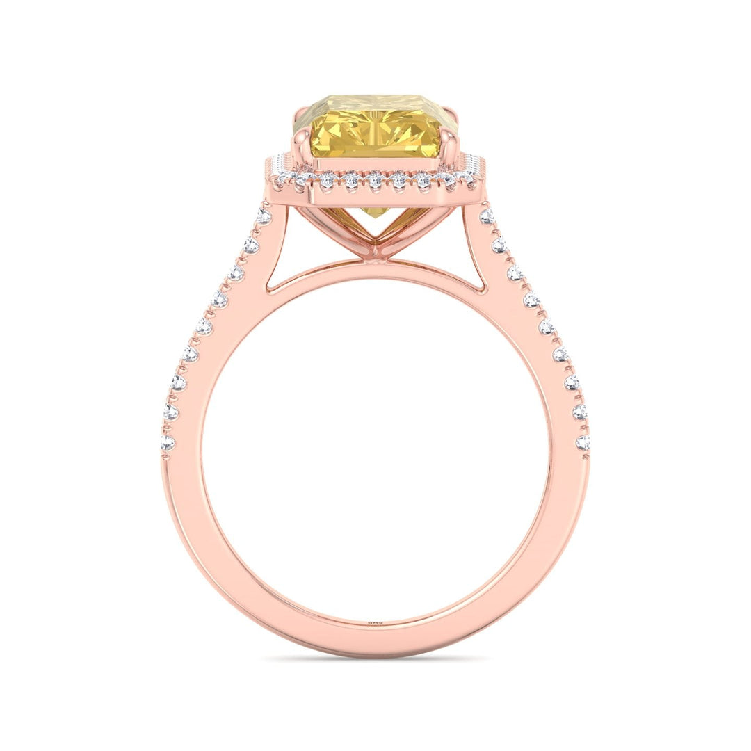 Radiant Cut Canary Yellow Engagement Ring With Pave Band and Halo