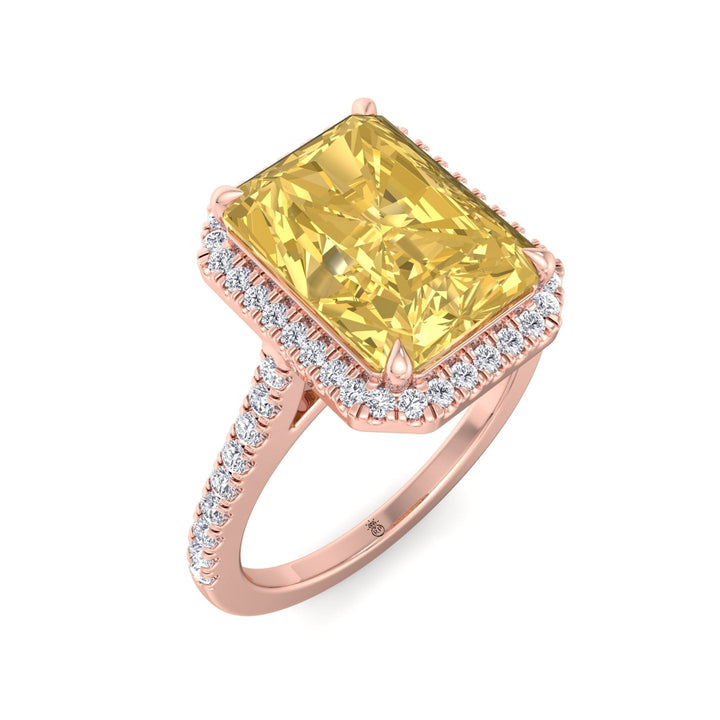 Radiant Cut Canary Yellow Engagement Ring With Pave Band and Halo