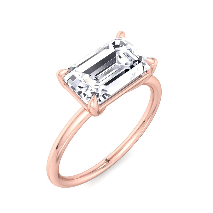 East To West Emerald Cut Solitaire Engagement Ring with Thin Band