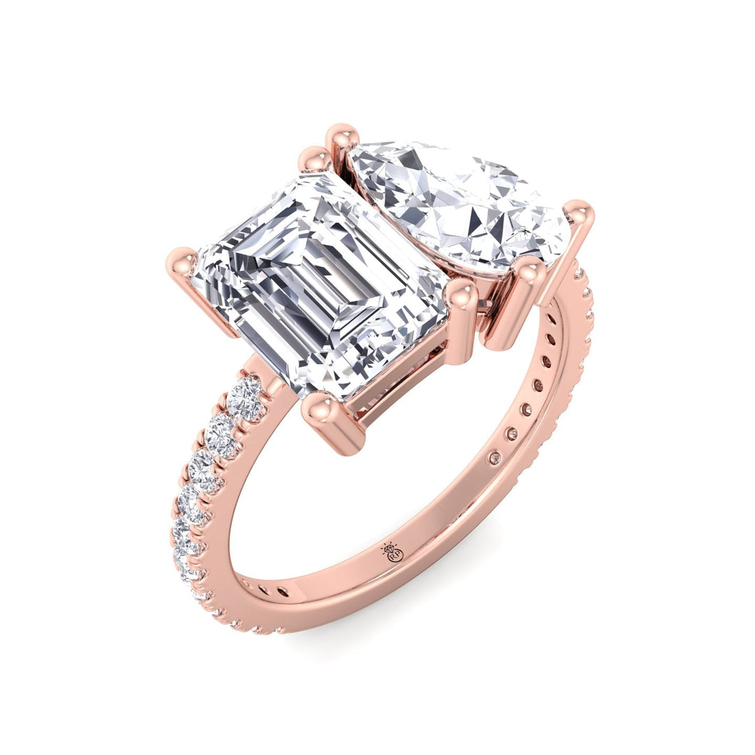 Toi Et Moi Emerald &amp; Pear Shape Engagement Ring with Pave Band
