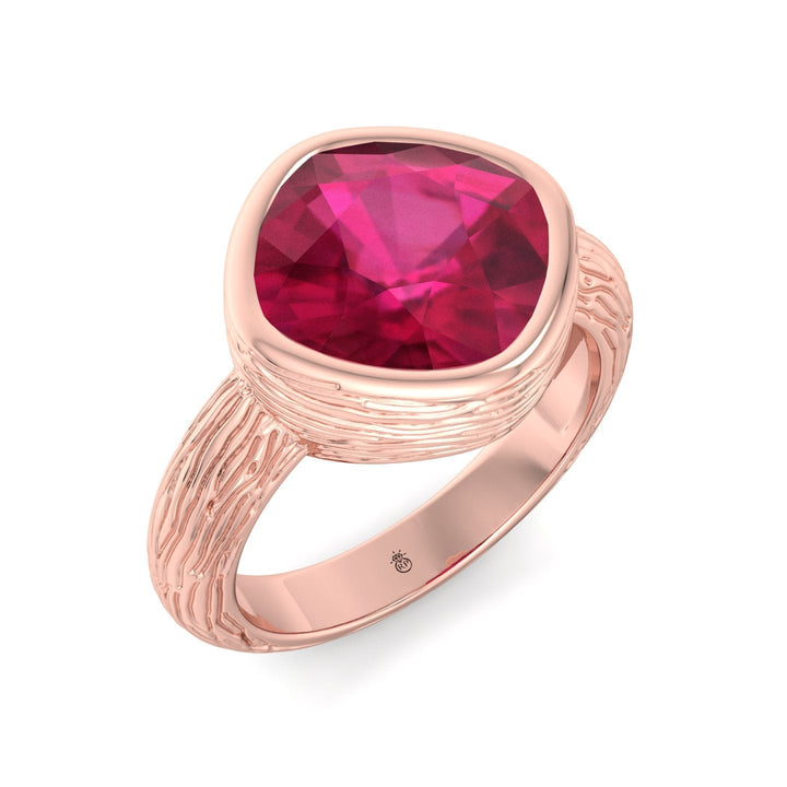 Cushion Cut Ruby Solitaire Hand Engraved Engagement Ring
