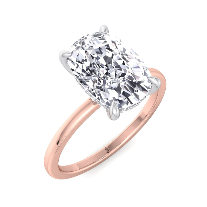 Two Tone Elongated Cushion Cut Engagement Ring with Thin Band and Hidden Halo
