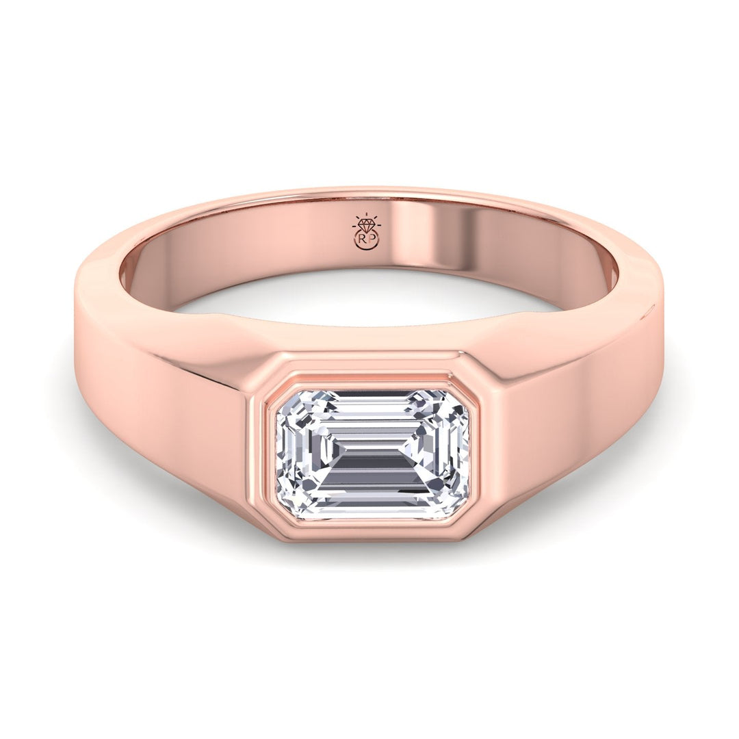 Bezel Set Unisex East To West Emerald Cut Engagement Ring