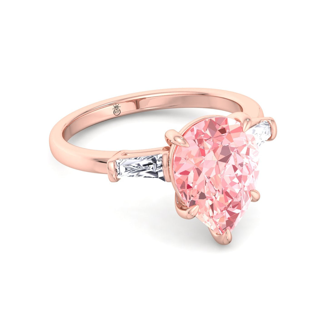 Pear Shape Pink Engagement Ring with Tapered Baguettes