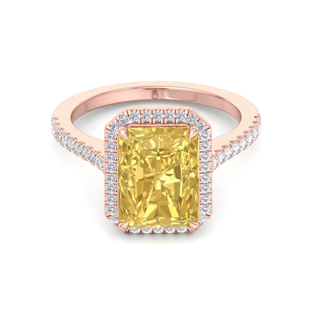 Radiant Cut Canary Yellow Engagement Ring With Pave Band and Halo