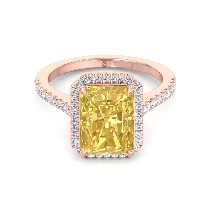 Radiant Cut Canary Yellow Engagement Ring With Pave Band and Halo