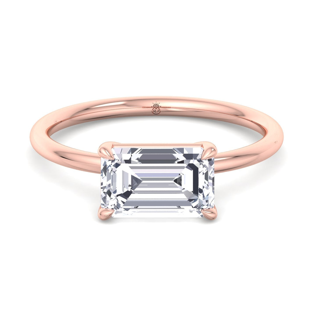 East To West Emerald Cut Solitaire Engagement Ring with Thin Band