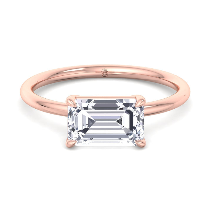 East To West Emerald Cut Solitaire Engagement Ring with Thin Band