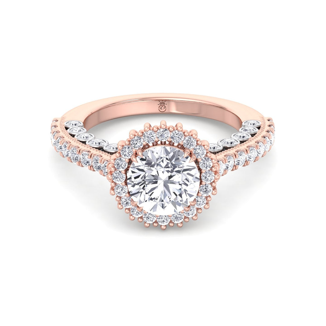 Round Cut  Engagement Ring with Round Cut Halo and Milligrain in Two-Toned Band