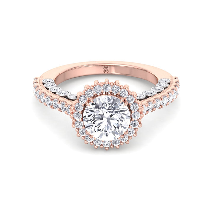 Round Cut  Engagement Ring with Round Cut Halo and Milligrain in Two-Toned Band