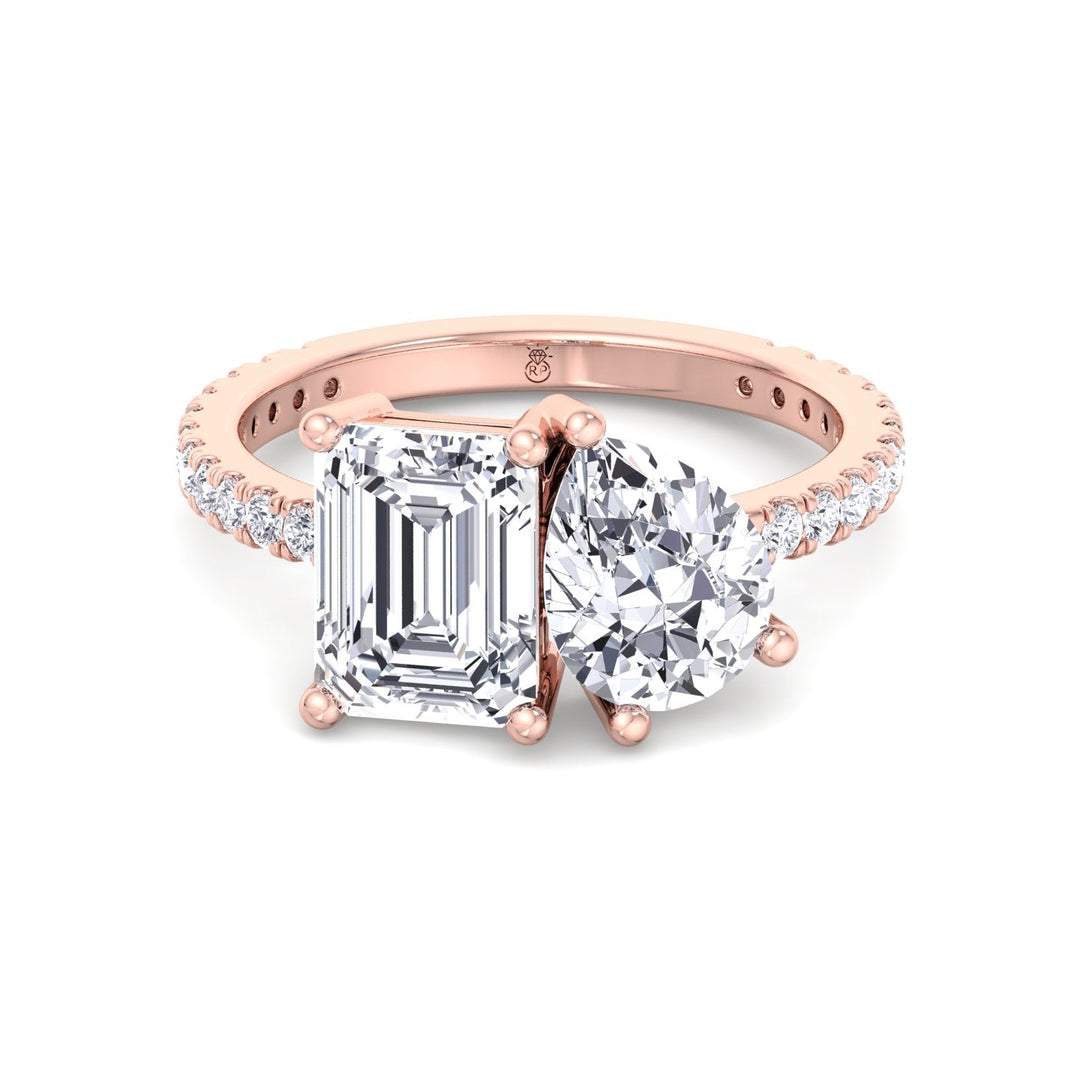 Toi Et Moi Emerald &amp; Pear Shape Engagement Ring with Pave Band