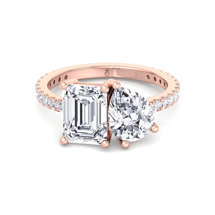 Toi Et Moi Emerald &amp; Pear Shape Engagement Ring with Pave Band
