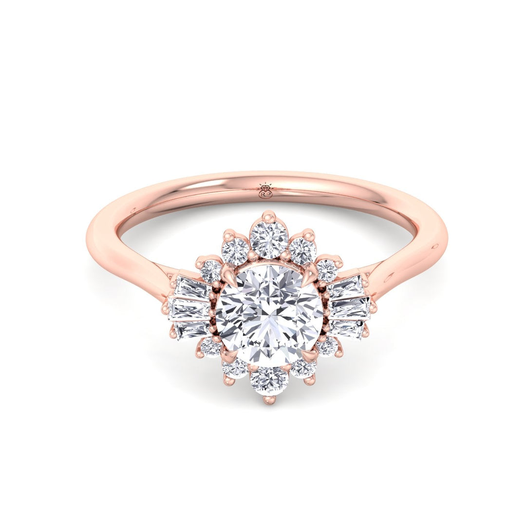 Round Cut Engagement Ring with Round and Tapered Baguette Cluster