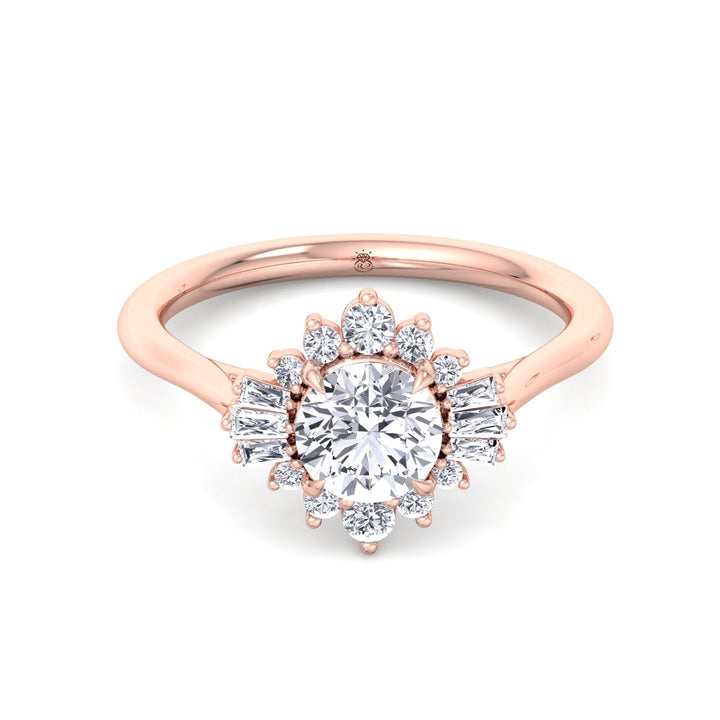 Round Cut Engagement Ring with Round and Tapered Baguette Cluster