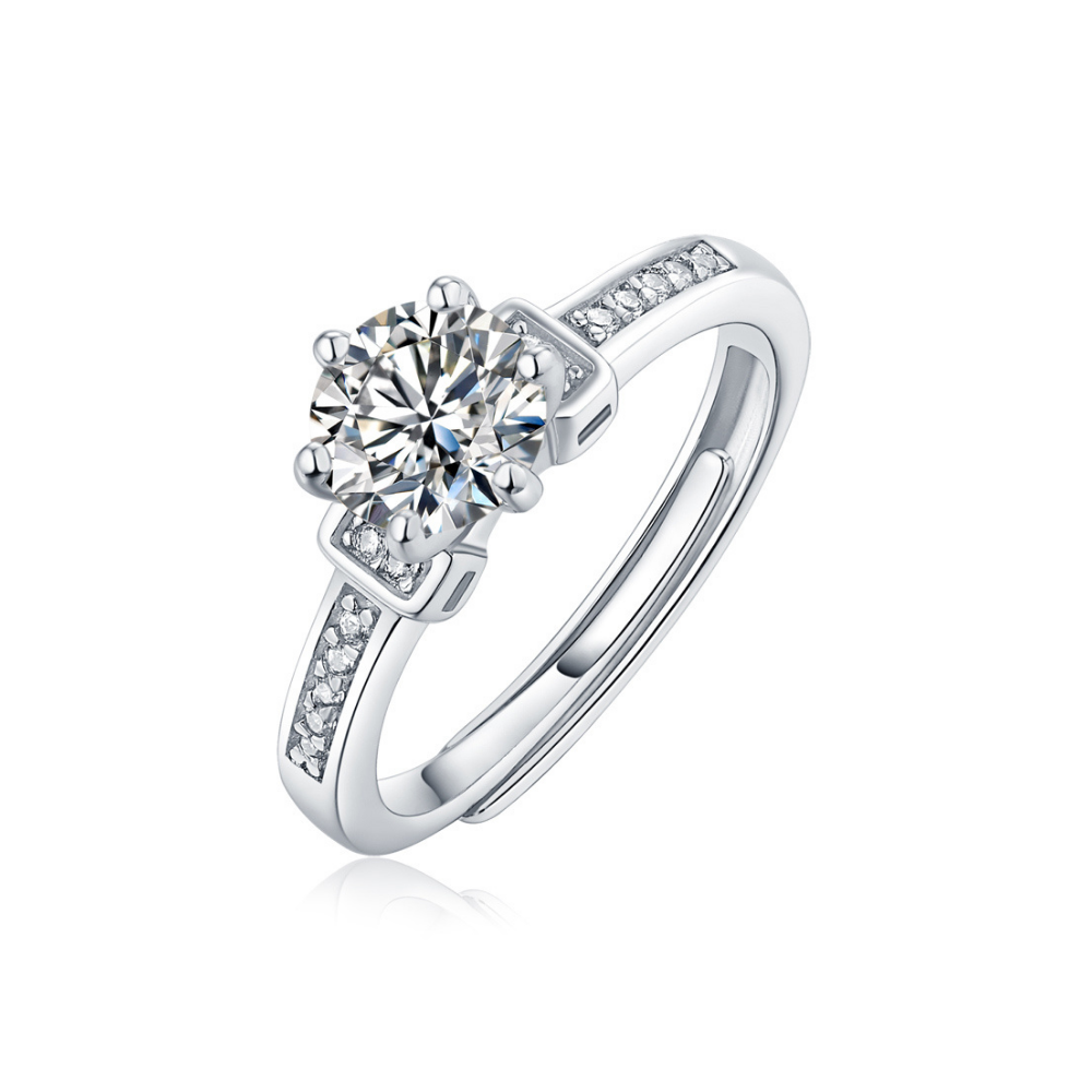 1CT Adjustable Sterling Silver Round Engagement Ring with Sidestones