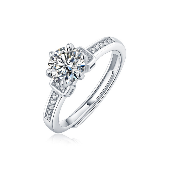 1CT Adjustable Sterling Silver Round Engagement Ring with Sidestones
