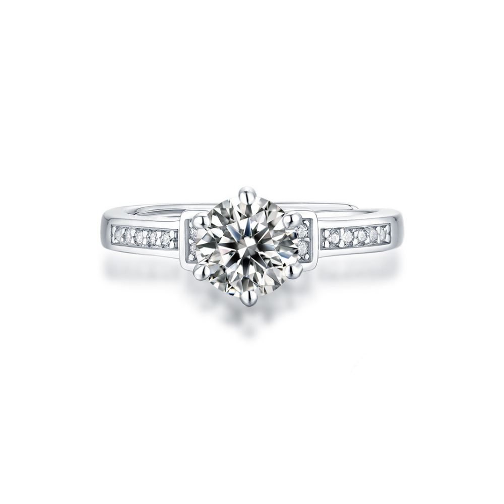 1CT Adjustable Sterling Silver Round Engagement Ring with Sidestones