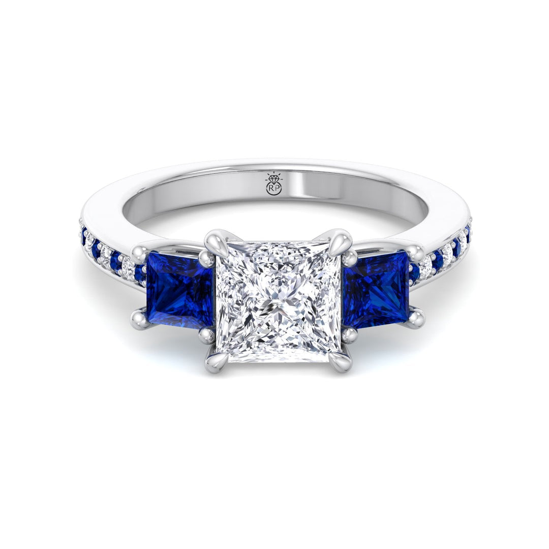 Princess Cut Engagement Ring with Blue Sapphire Sidestones